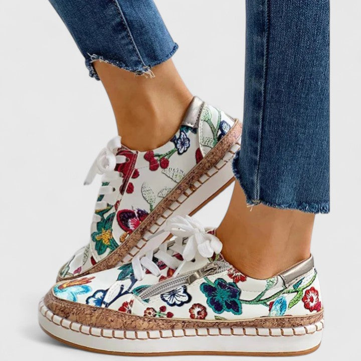 Women’s Lace-Up Sneakers with Floral Print and Cork Trim Platform Sole
