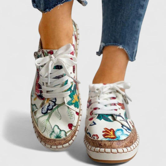 Women’s Lace-Up Sneakers with Floral Print and Cork Trim Platform Sole