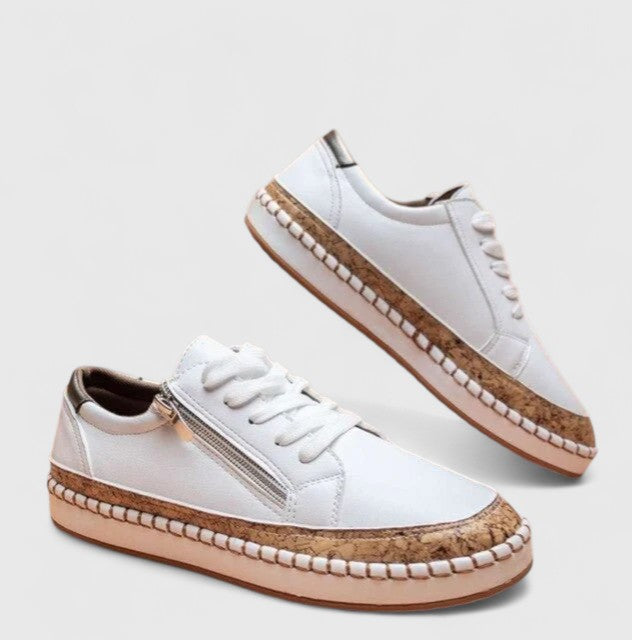 Women’s Lace-Up Sneakers with Floral Print and Cork Trim Platform Sole