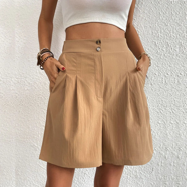 Women’s High-Waisted Pleated Shorts with Front Button Detail and Tailored Silhouette