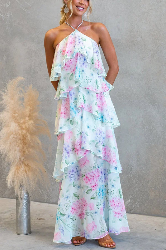 Women's Floral Maxi Dress with Tiered Ruffles and Halter A-Line Silhouette