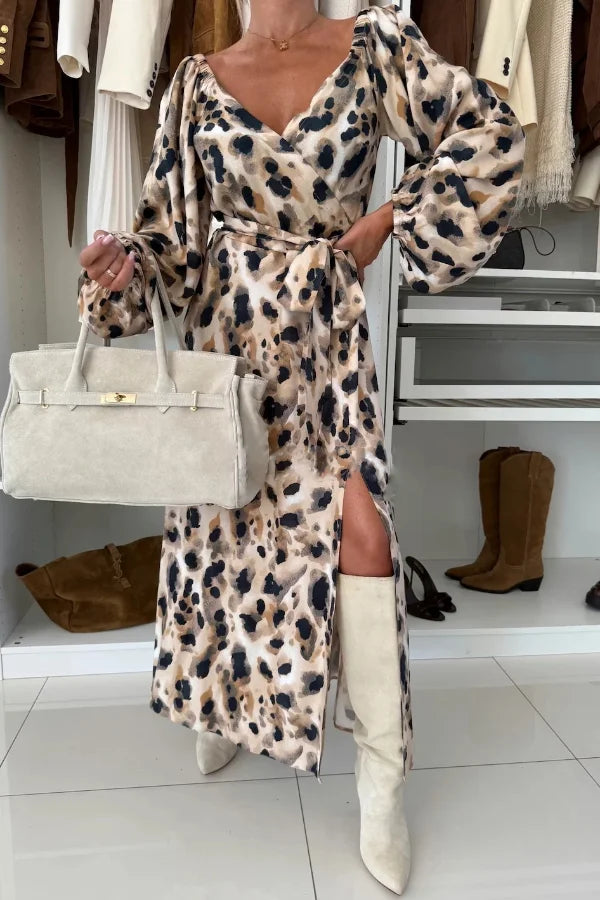 Women's Long Sleeve V-Neck Maxi Dress with Waist Tie and Side Slit Detail