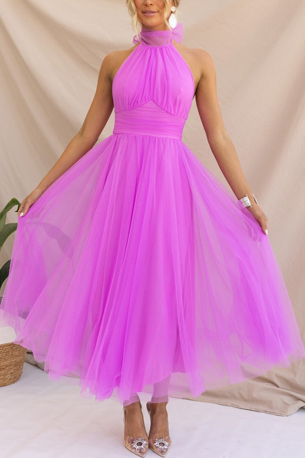 Women’s Midi Dress with Halter Neckline and Layered Tulle Skirt