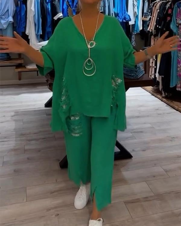 Women’s Two Piece Set V-Neck Oversized Top and Cropped Wide Leg Pants