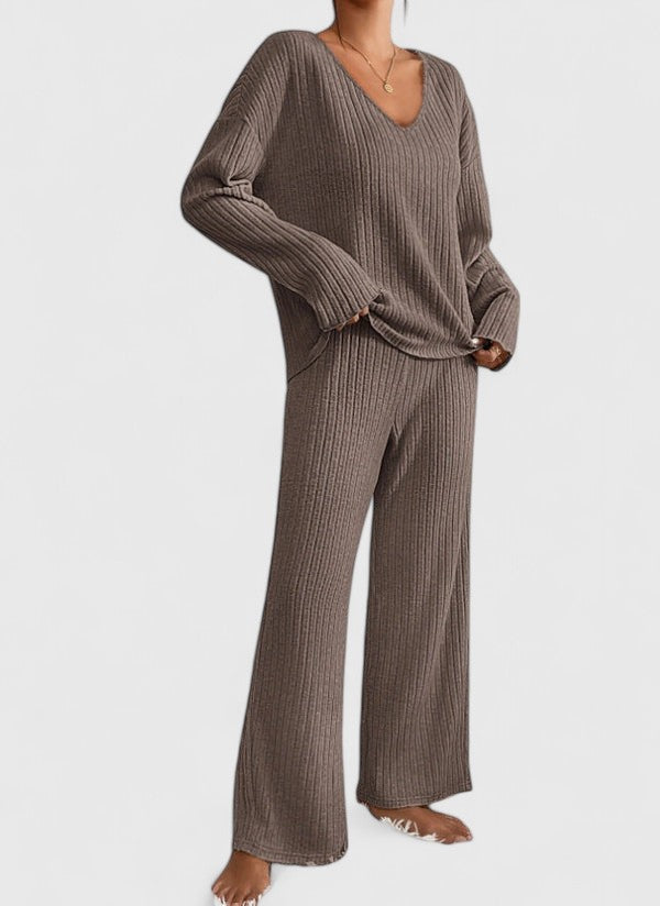 Women's Ribbed Knit V-Neck Top And Wide-Leg Pants Set