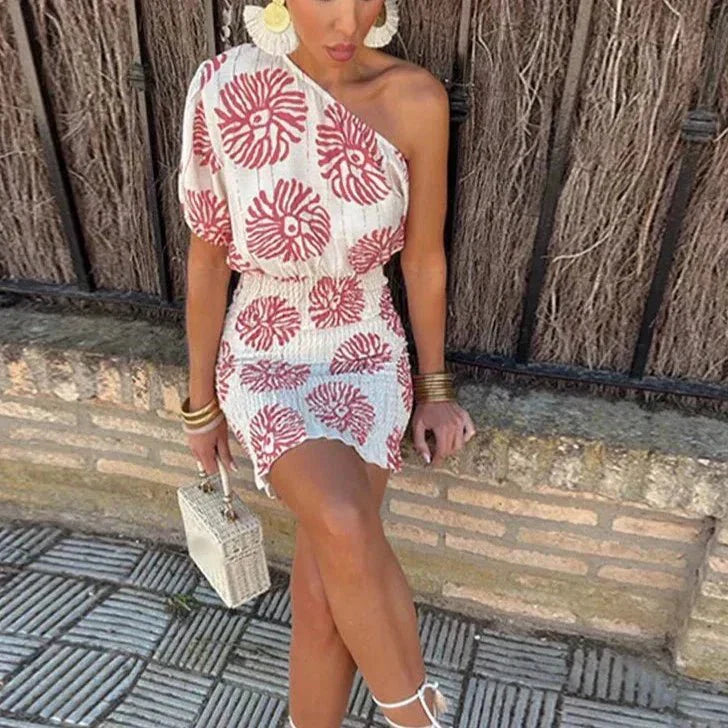 Women’s Mini Dress with One-Shoulder Neckline and Smocked Bodycon Fit