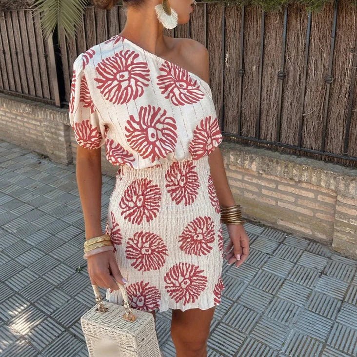 Women’s Mini Dress with One-Shoulder Neckline and Smocked Bodycon Fit