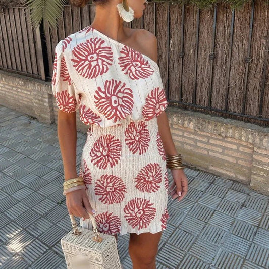Women’s Mini Dress with One-Shoulder Neckline and Smocked Bodycon Fit
