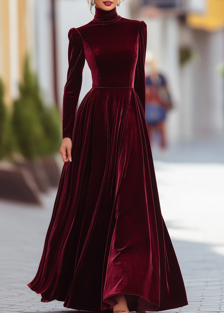 Ceylan Women’s High Neck Velvet Maxi Dress with Structured Shoulders