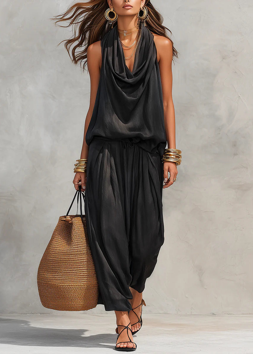 Women’s Two-Piece Set with Cowl Neck Halter Top and Harem Pants