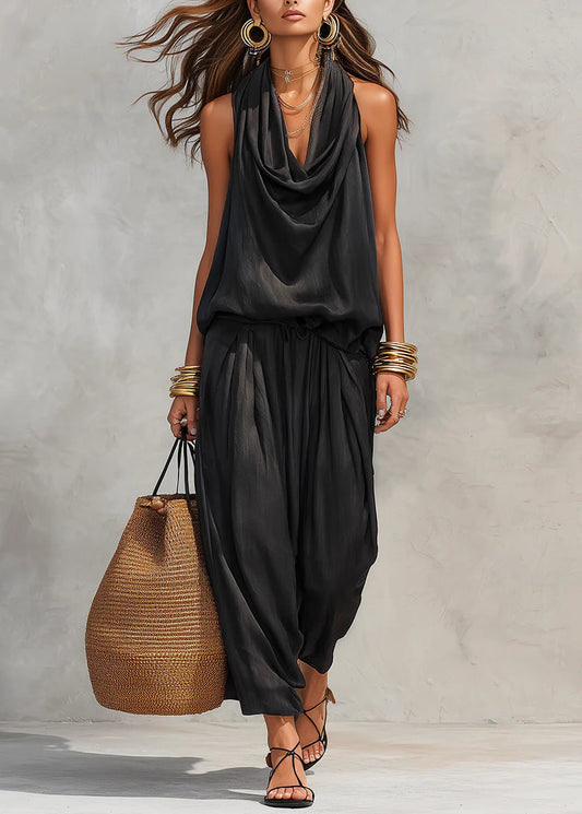 Women’s Two-Piece Set with Cowl Neck Halter Top and Harem Pants