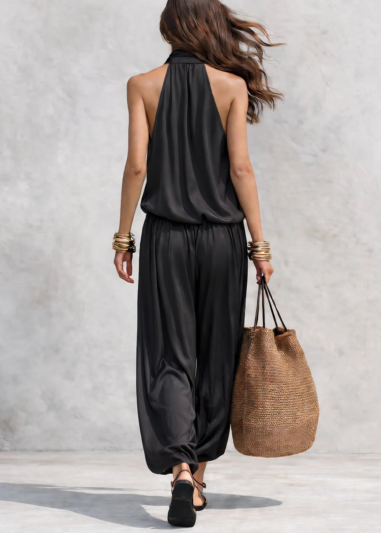 Women’s Two-Piece Set with Cowl Neck Halter Top and Harem Pants