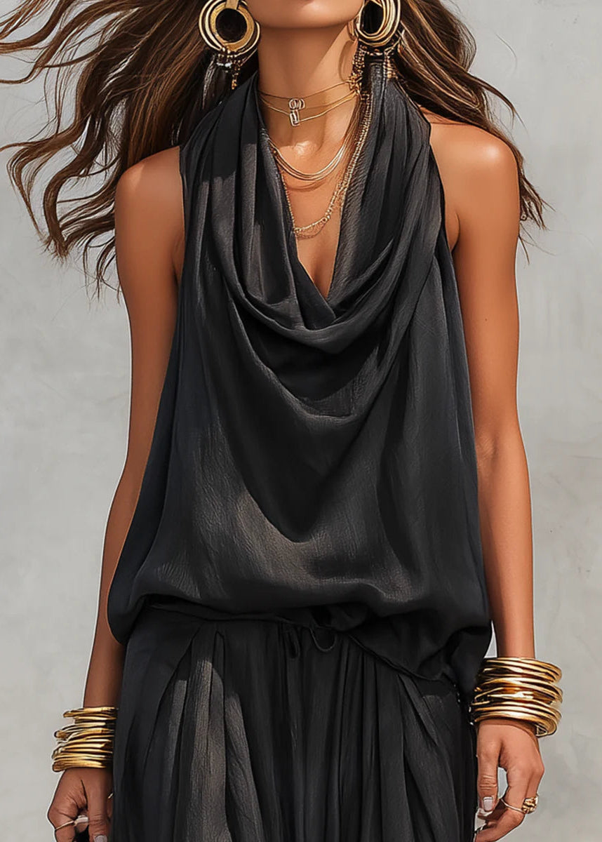 Women’s Two-Piece Set with Cowl Neck Halter Top and Harem Pants