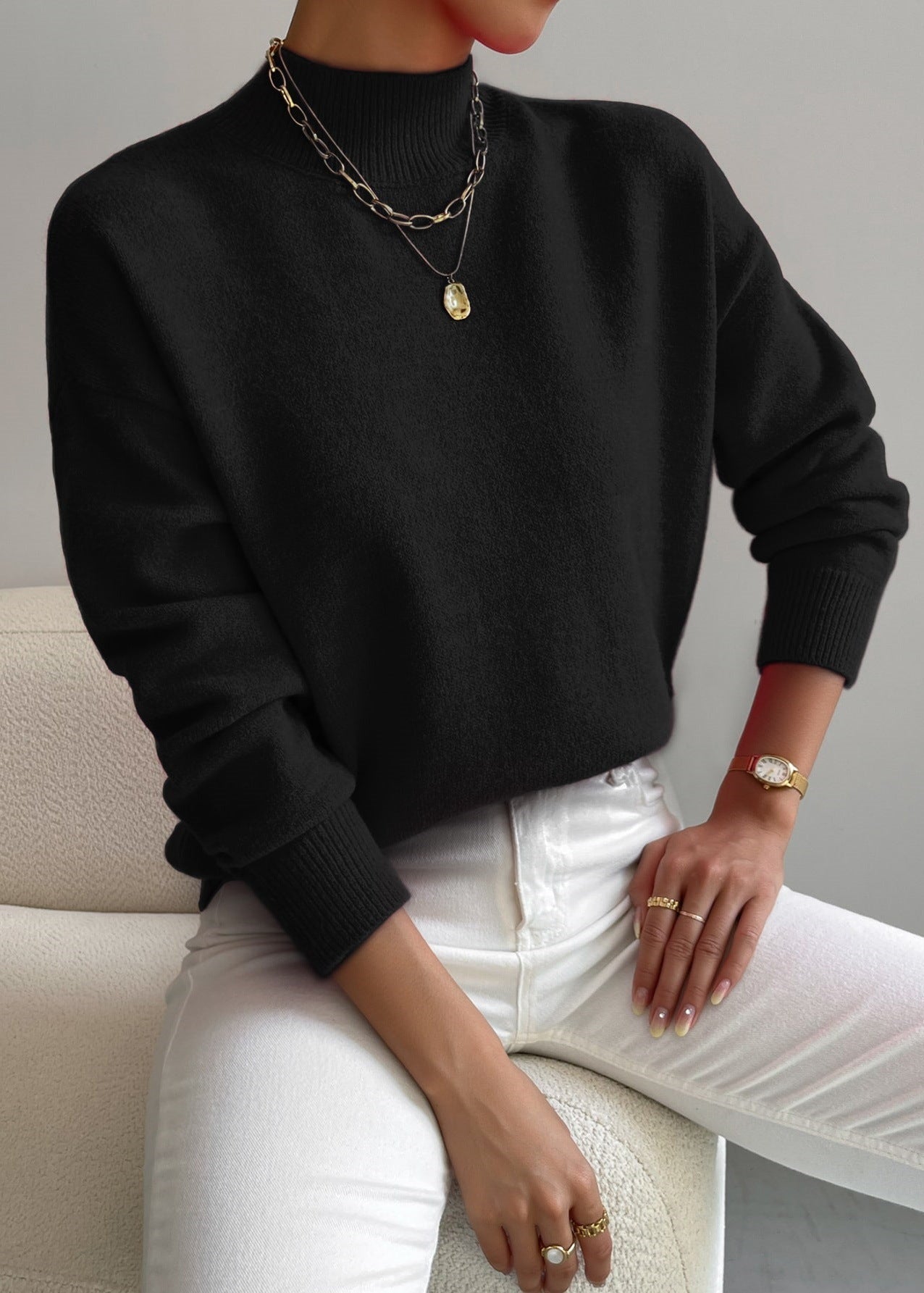 Women¡¯s Wool Blend Mock Neck Pullover with Relaxed Drop Shoulder
