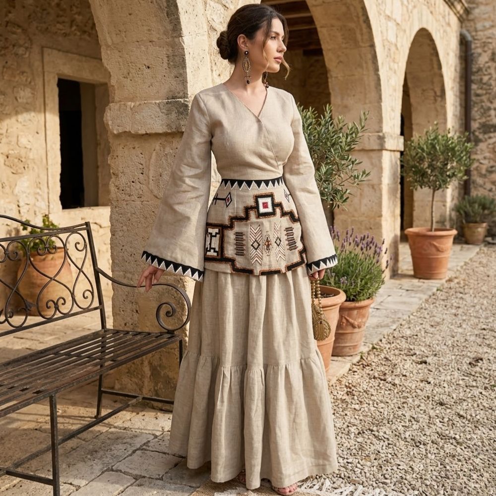 Women’s Maxi Dress with Bell Sleeves and Ethnic Geometric Embroidery