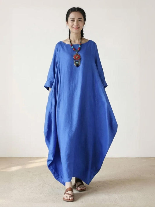 Women’s Boho Maxi Dress Oversized Cotton Linen with 3/4 Sleeves and Pockets