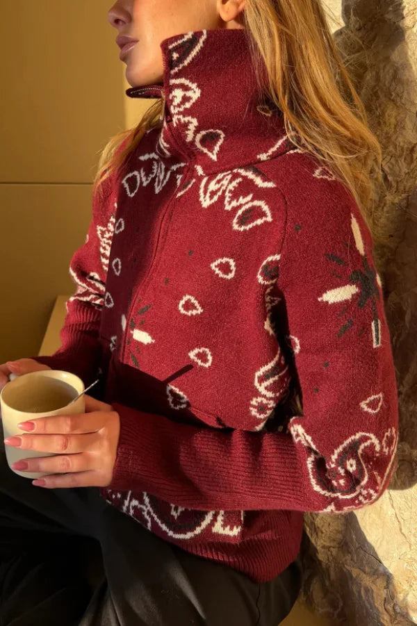 Women's Knit Zip-Up Sweater with Jacquard Paisley Print and High Turtleneck