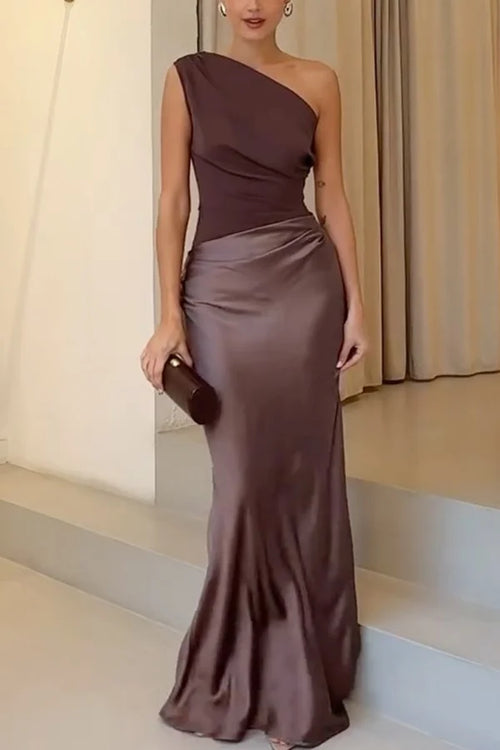 Women's One-Shoulder Asymmetric Draped Satin Maxi Dress Elegant Evening Gown
