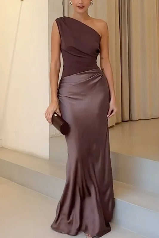 Women's One-Shoulder Asymmetric Draped Satin Maxi Dress Elegant Evening Gown