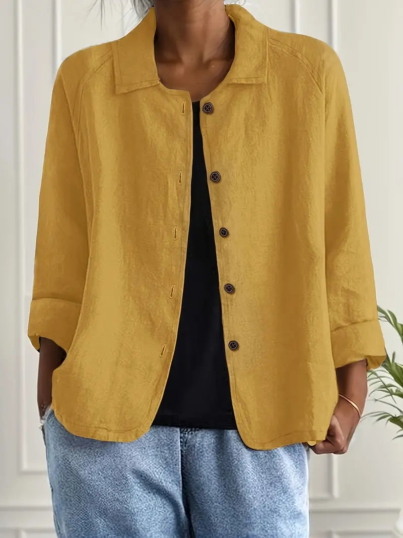 Women’s Linen button-front tunic tops with Three-Quarter Sleeves and Relaxed Fit