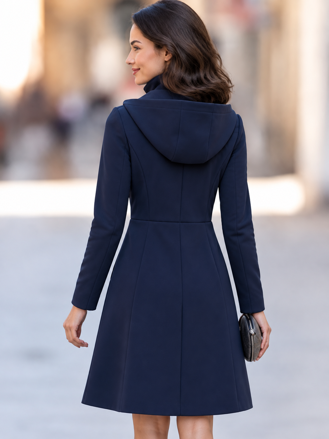 Women's Elegant Navy Blue Long-Length Hooded Sweatshirt Dress With Zipper