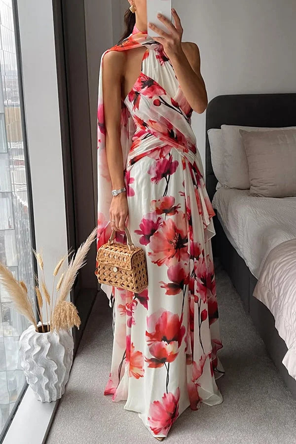 Women¡¯s Maxi Dress with Crinkle Chiffon Ruffle Trim and Cross-Front Halter Neck