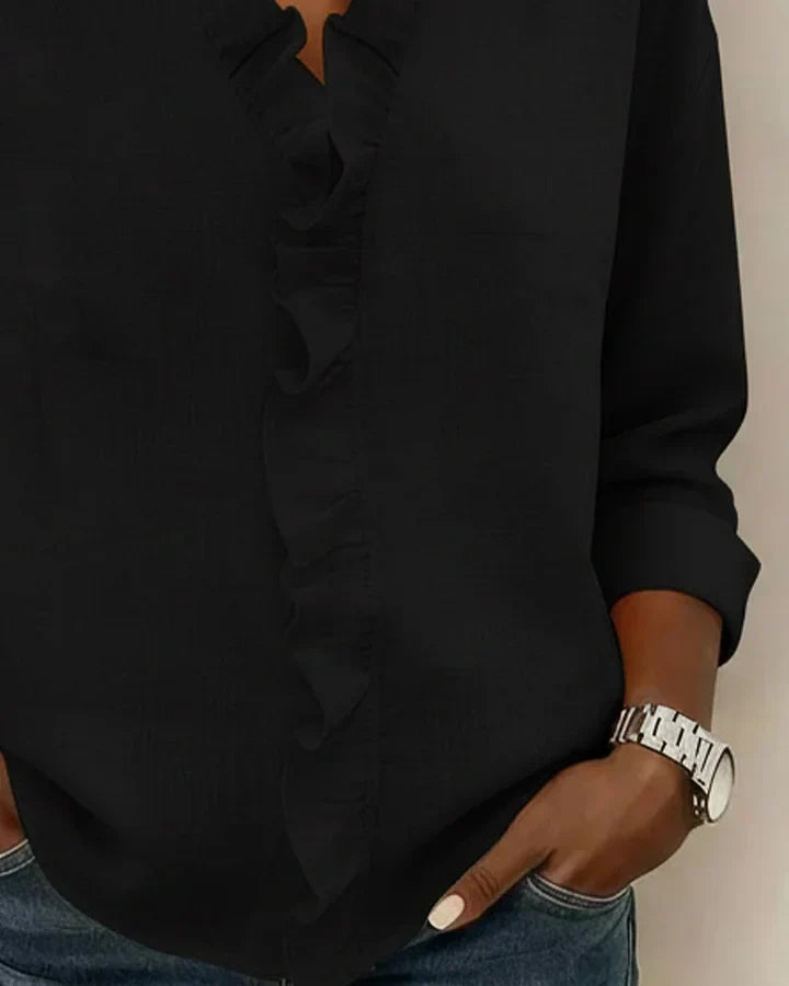 Women's Linen Ruffle-Trim Button-Front Blouse With Roll-Up Sleeves