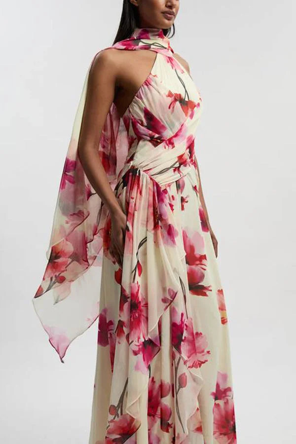 Women¡¯s Maxi Dress with Crinkle Chiffon Ruffle Trim and Cross-Front Halter Neck