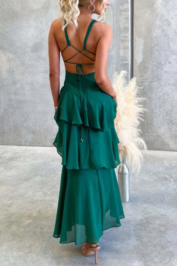 Women’s Sleeveless Maxi Dress with Tiered Skirt and Deep V-Neckline