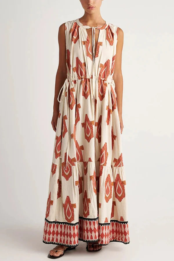 Women’s Maxi Dress with Shoulder Tie Straps and Tiered A-Line Silhouette
