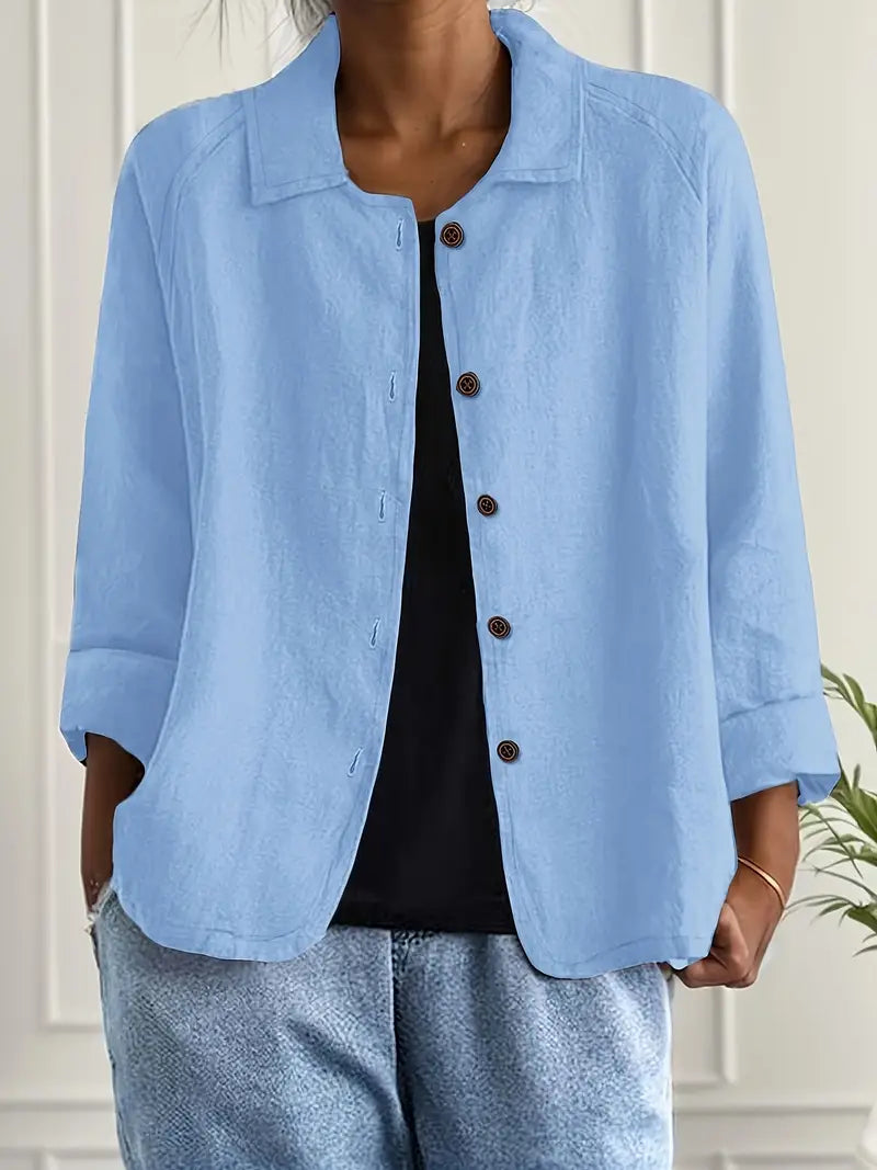 Women’s Linen button-front tunic tops with Three-Quarter Sleeves and Relaxed Fit