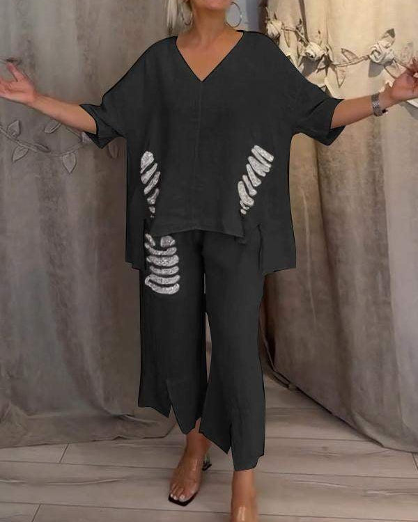 Women’s Two Piece Set V-Neck Oversized Top and Cropped Wide Leg Pants