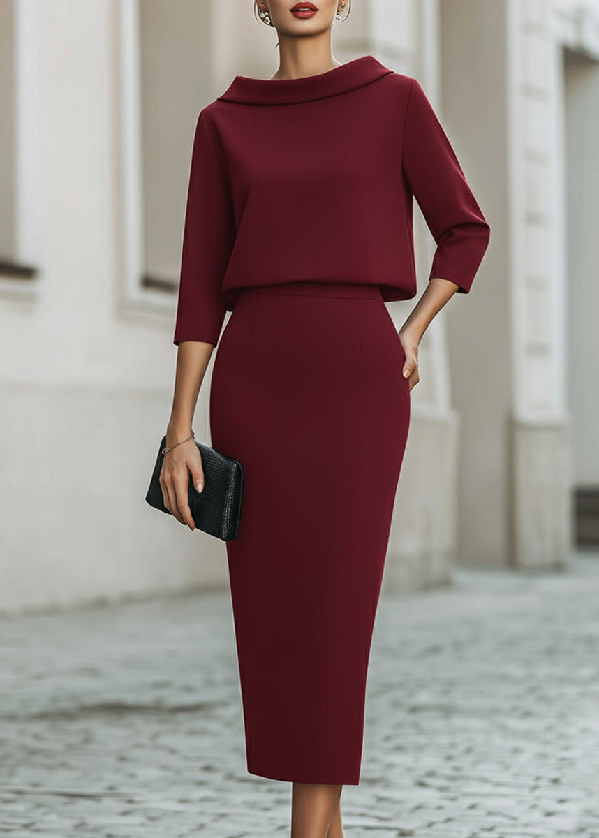 Ceylan Women’s Boat Neck Midi Skirt Set with Elegant 3/4 Sleeves