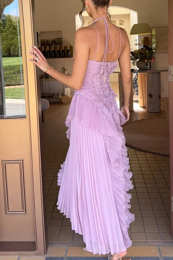 Women’s Pleated Halter Neck Ruffle Maxi Dress with Asymmetrical Hem