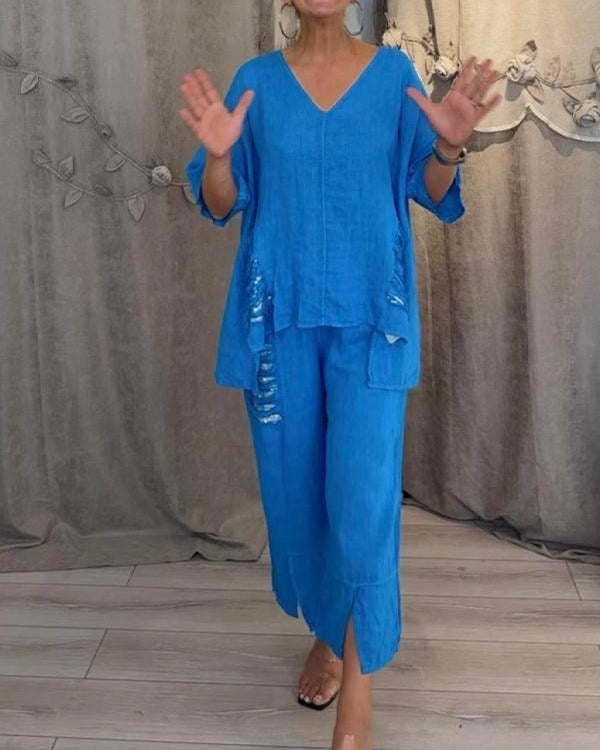 Women’s Two Piece Set V-Neck Oversized Top and Cropped Wide Leg Pants