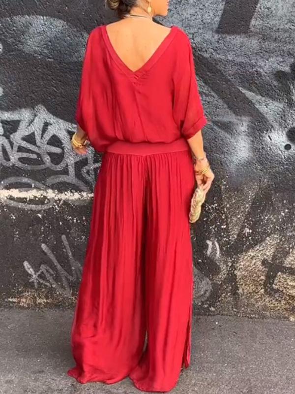Women’s Two Piece Wide Leg Pant Set with V Neck Chiffon Tunic Top