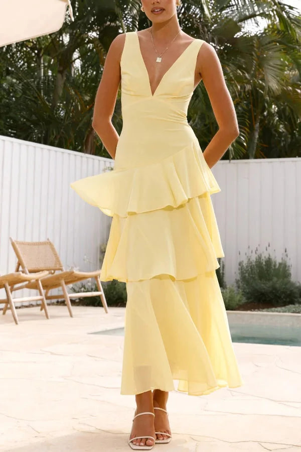 Women’s Sleeveless Maxi Dress with Tiered Skirt and Deep V-Neckline
