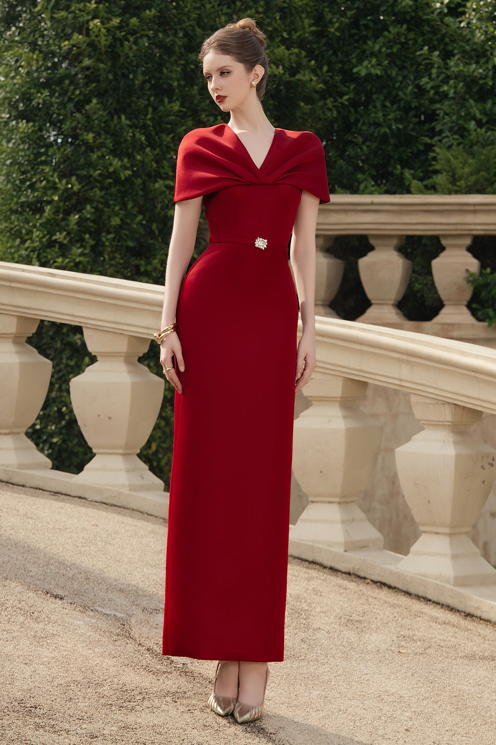 Women’s Sheath Maxi Dress with Draped Cape Sleeves