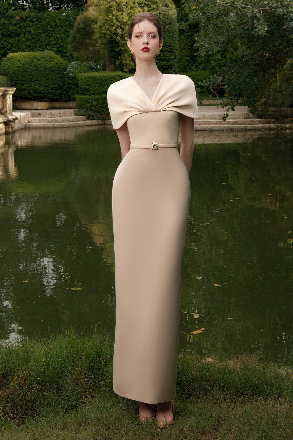 Women’s Sheath Maxi Dress with Draped Cape Sleeves