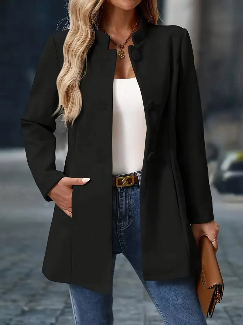 Women's Collarless Tailored Wool-Blend Coat With Long Sleeves