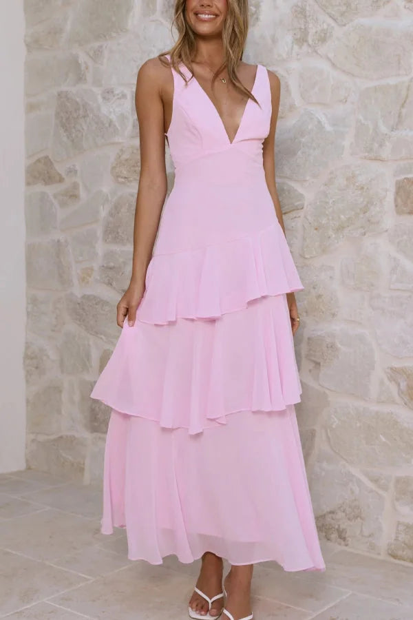 Women’s Sleeveless Maxi Dress with Tiered Skirt and Deep V-Neckline