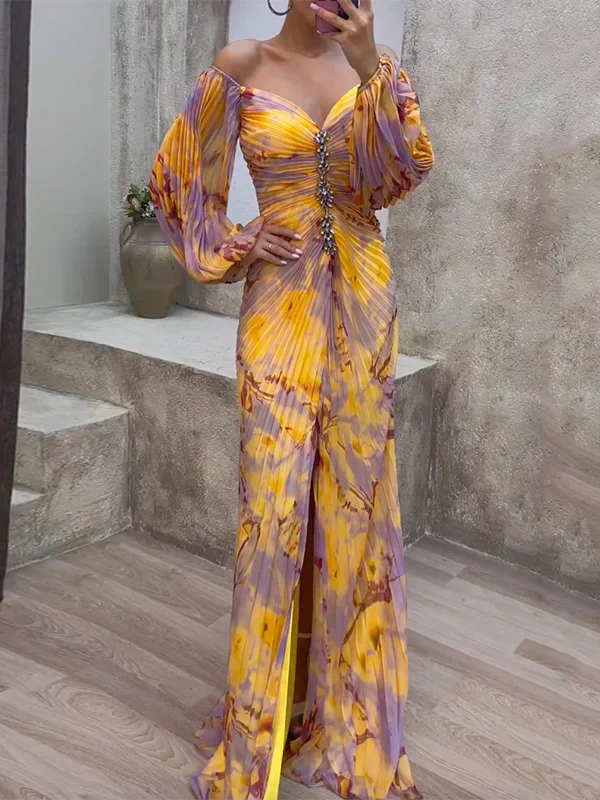 Women’s Plissé Maxi Dress Off-Shoulder Puff Sleeve Embellished Wedding Guest Gown