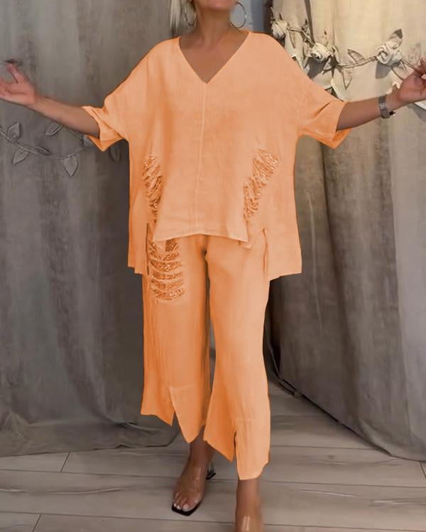 Women’s Two Piece Set V-Neck Oversized Top and Cropped Wide Leg Pants