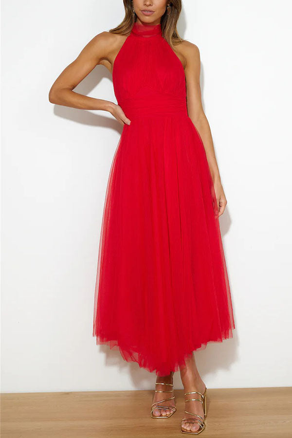 Women’s Midi Dress with Halter Neckline and Layered Tulle Skirt