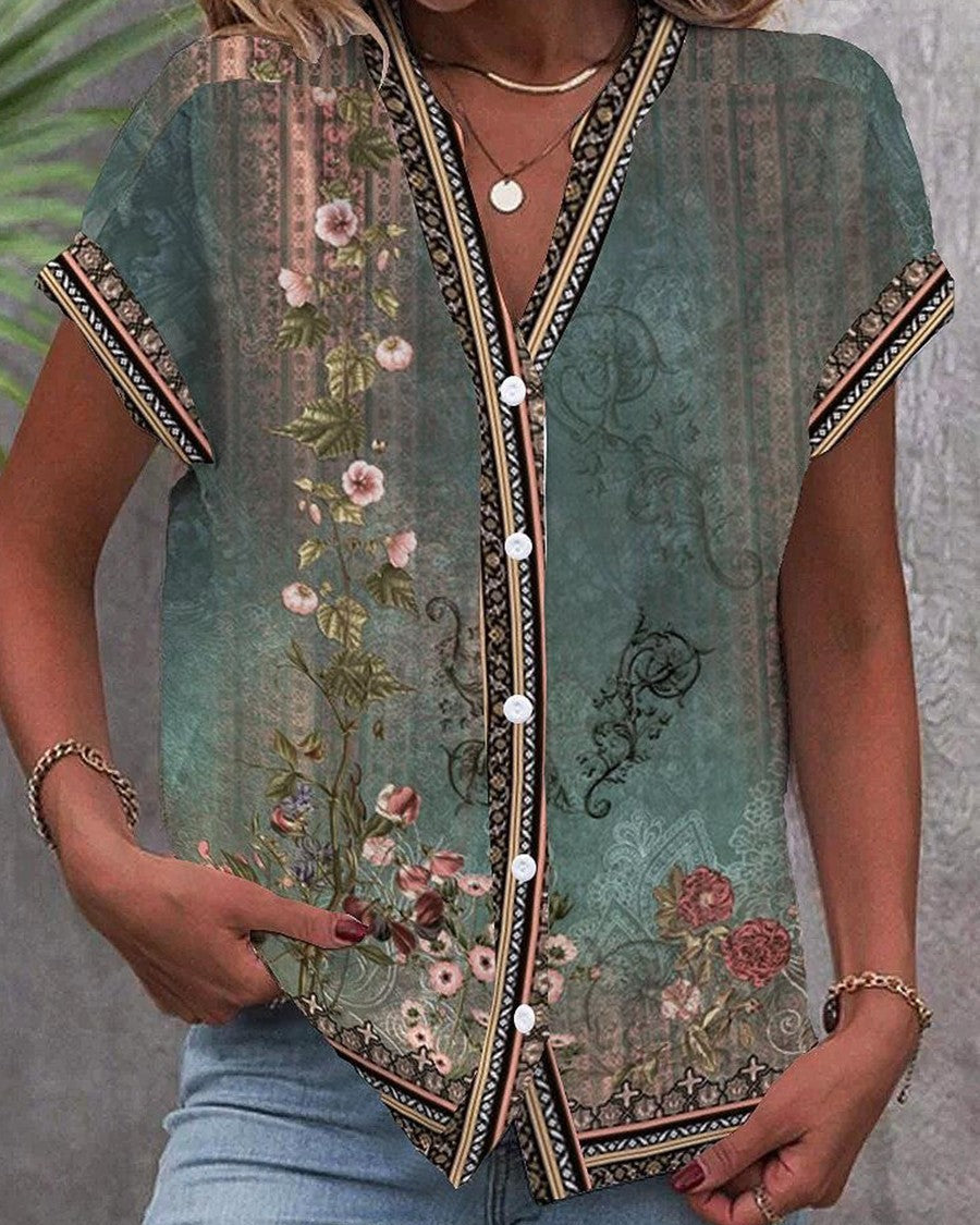 Women’s Short Sleeve Blouse with Vintage Floral Print and V-Neck Button Down