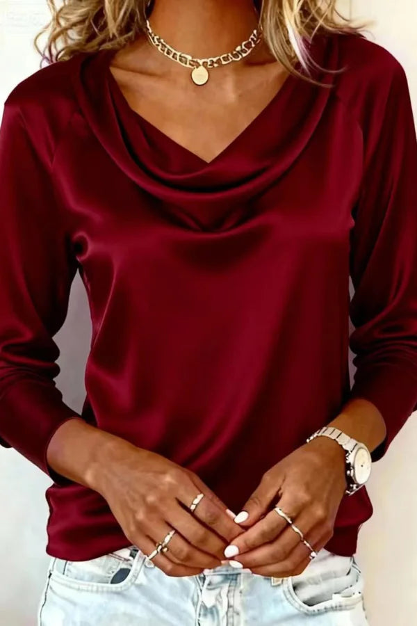 Women’s Satin Draped Blouse with Cowl Neckline and Long Cuffed Sleeves
