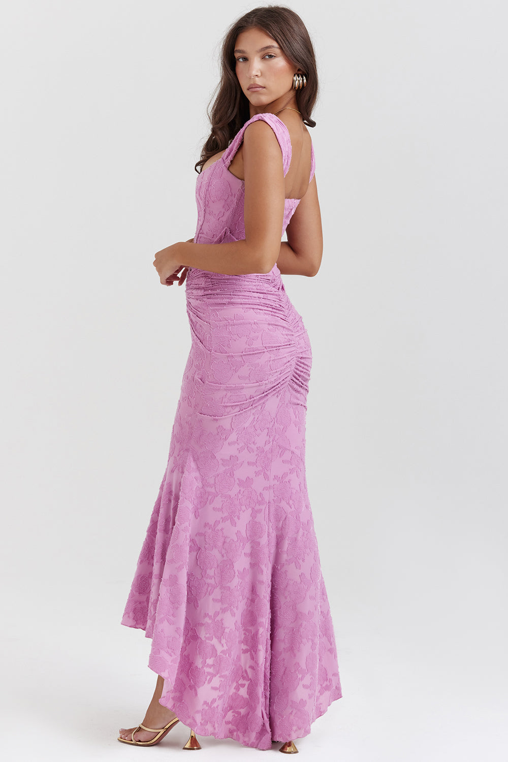 Women's Maxi Dress with Corset Bodice and Ruched Lace Devor¨¦ Finish