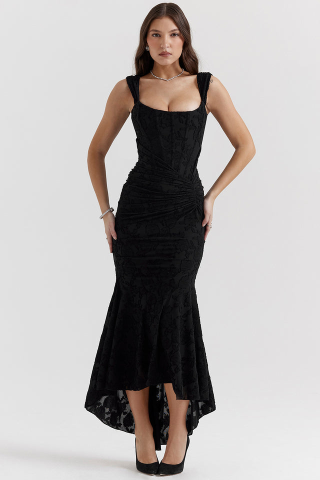 Women's Maxi Dress with Corset Bodice and Ruched Lace Devor¨¦ Finish