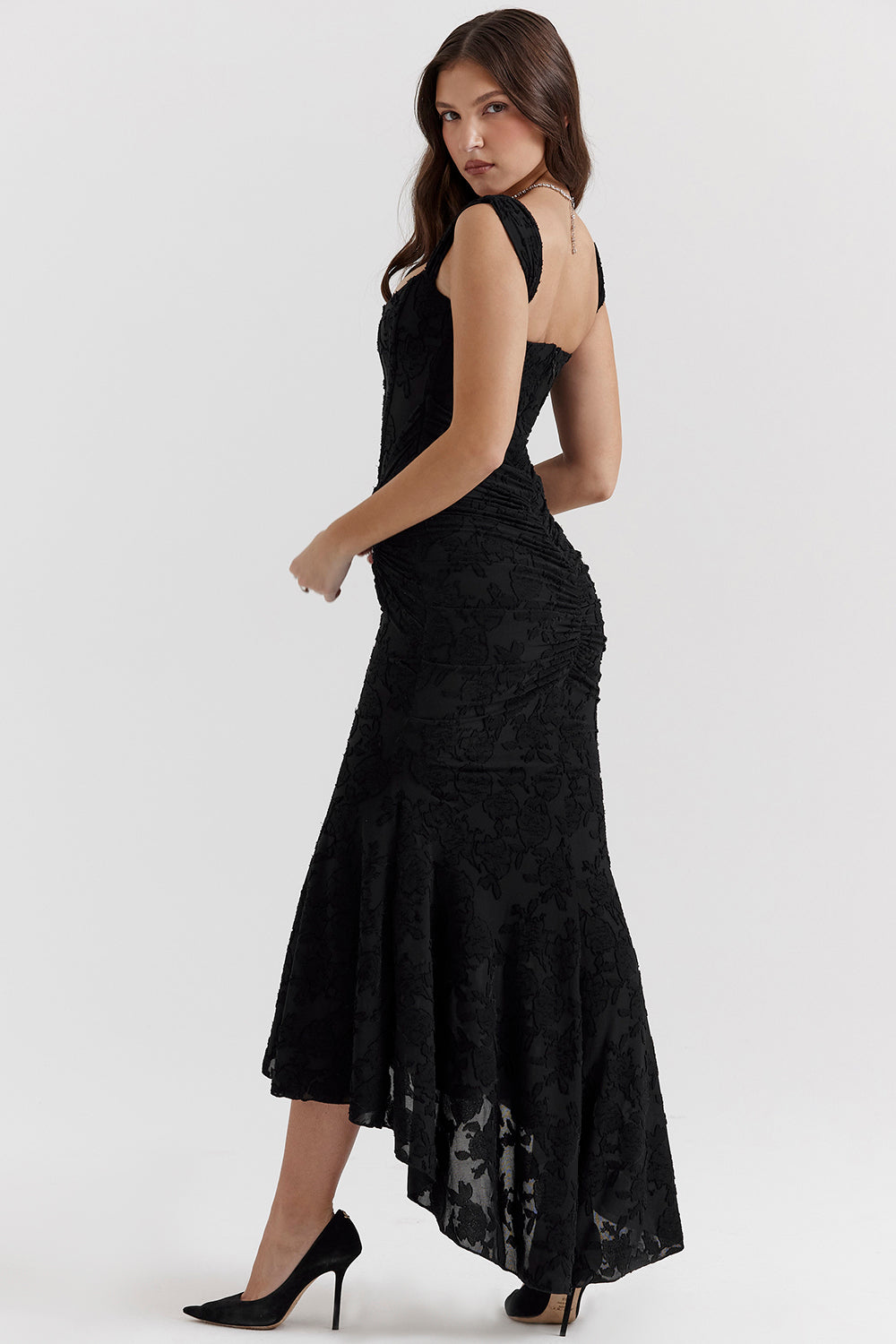 Women's Maxi Dress with Corset Bodice and Ruched Lace Devor¨¦ Finish