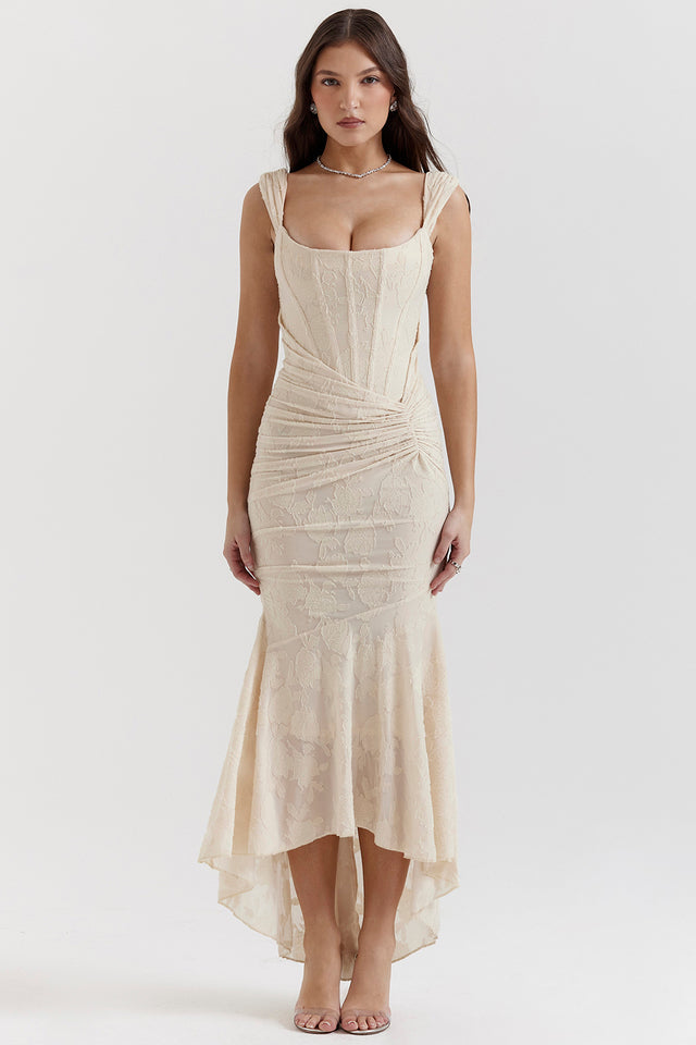Women's Maxi Dress with Corset Bodice and Ruched Lace Devor¨¦ Finish